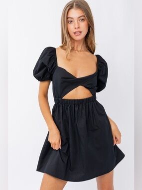Black Puff-Sleeve Cutout Dress